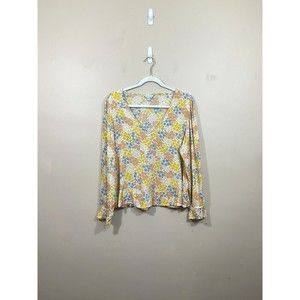 Lucky Brand Womens Floral Shirt M Yellow Coastal Hippie Cottagecore Prairiecore